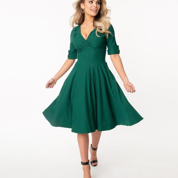 Unique Vintage Dresses & Skirts - Unique Vintage 1950s Delores Swing Dress with Sleeves Dark Green MD (US 6-8) NWT